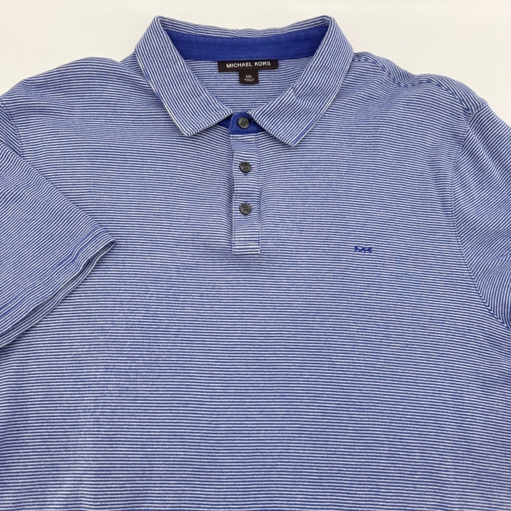 Michael Kors Polo Shirt Mens XXL Blue White Striped Short Sleeve MK Logo Soft